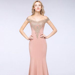 Elegant Pink Mermaid Prom Dress Lace Appliques Lon